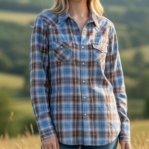Light Blue & Brown Plaid Snap Button Shirt - Women's Casual Shirt 4312